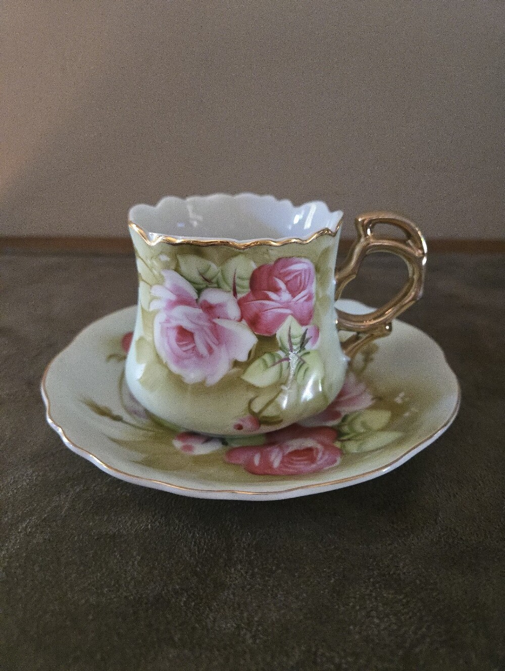 VTG LEFTON PORCELAIN FLAT CUP AND SAUCER HERITAGE GREEN